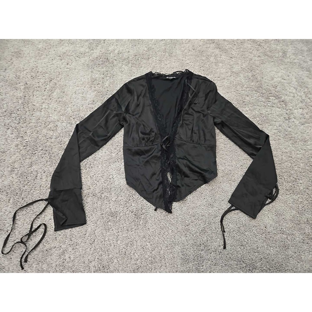 Mixed Threads Crop Top Womens XS Black Satin Tie Front Shrug Long Sleeve Y2k